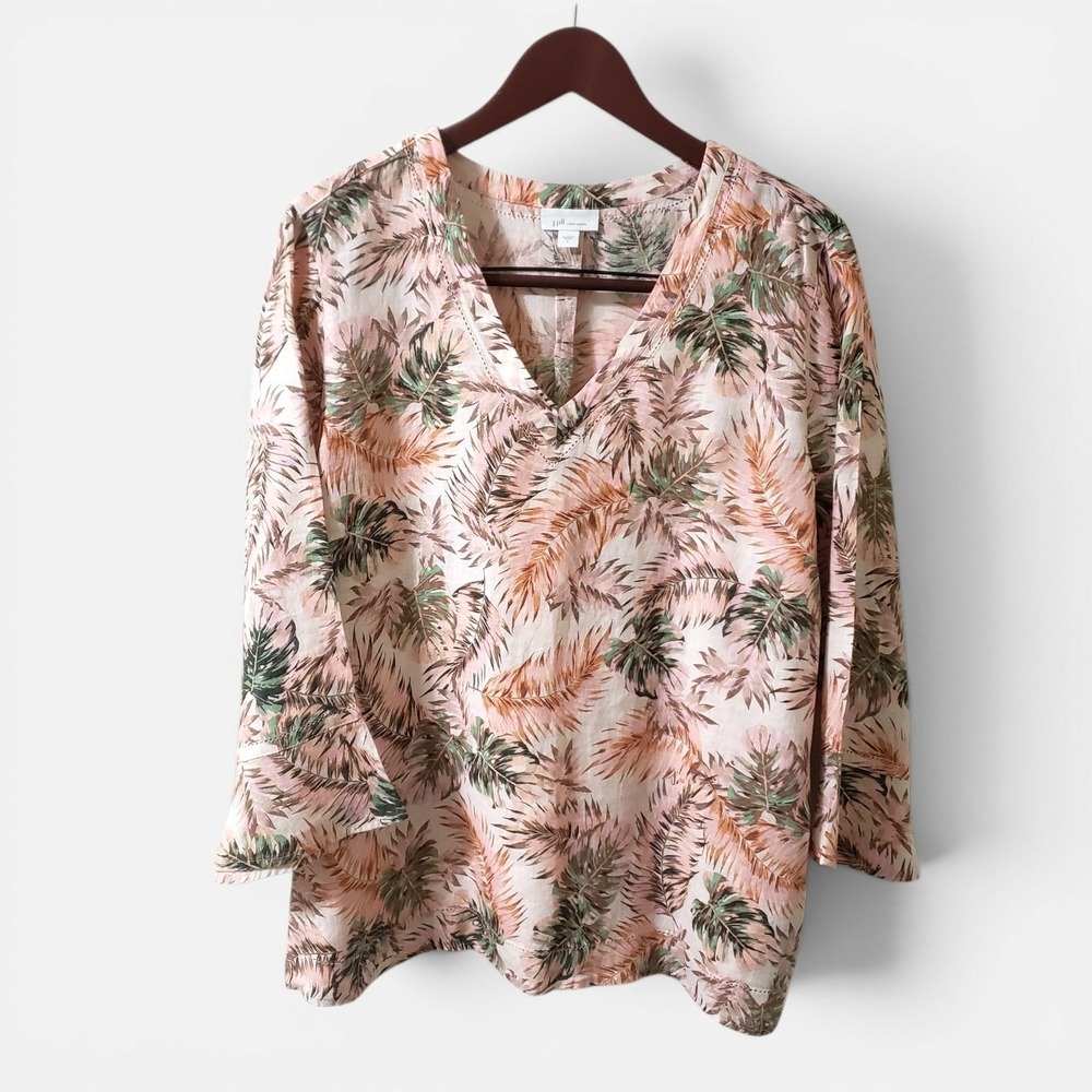 J Jill Love Linen Tropical Palm Print Ladder Stitch Blouse Pink V-Neck Top Large